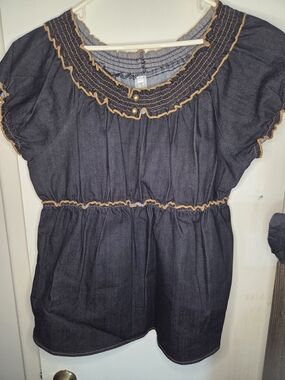 Denim Peasant Tunic with Contrast Trim - Black